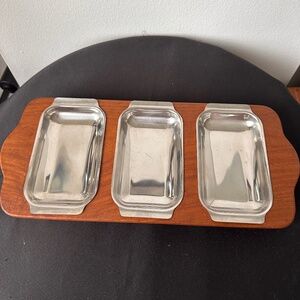 Mid-Century Danish ESA Teak Serving Tray with 3 Stainless Steel Dishes Denmark